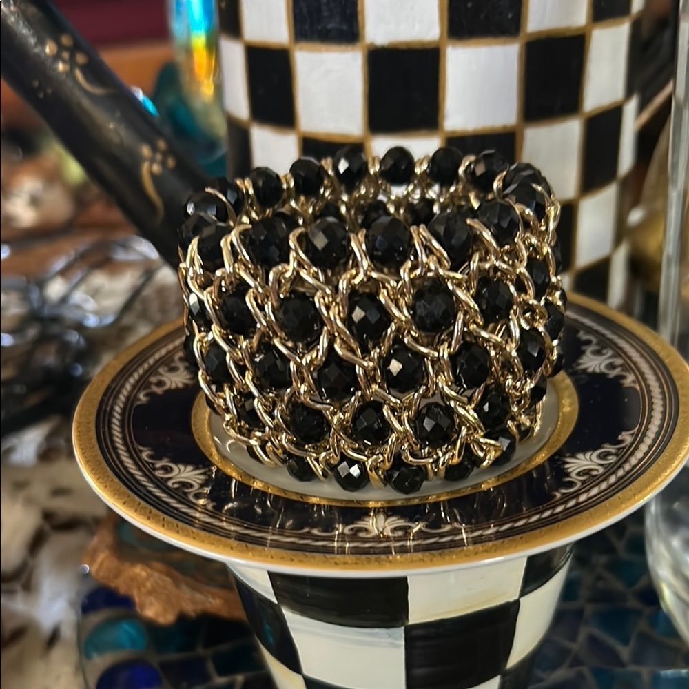 Gold Chain & Black Bead Elastic Statement Bracelet